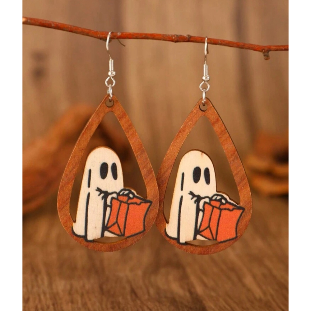Trick or Treat Ghost Teardrop Wooden Earrings